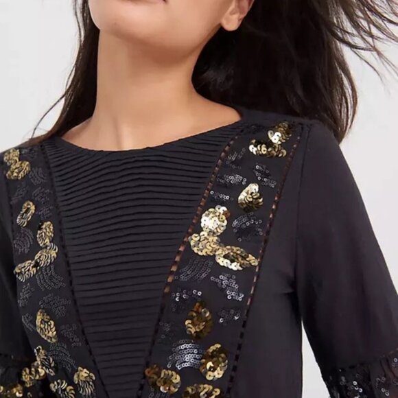 Anthropologie Black & Gold “Neale” Sequined Peplum Pintuck Top Size Medium - Picture 3 of 13